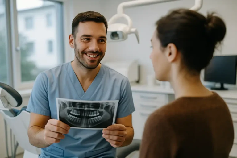 Blog 9 Dentiste accueillant un patient pour une urgence dentaire à Nyon dans un cabinet moderne et rassurant.